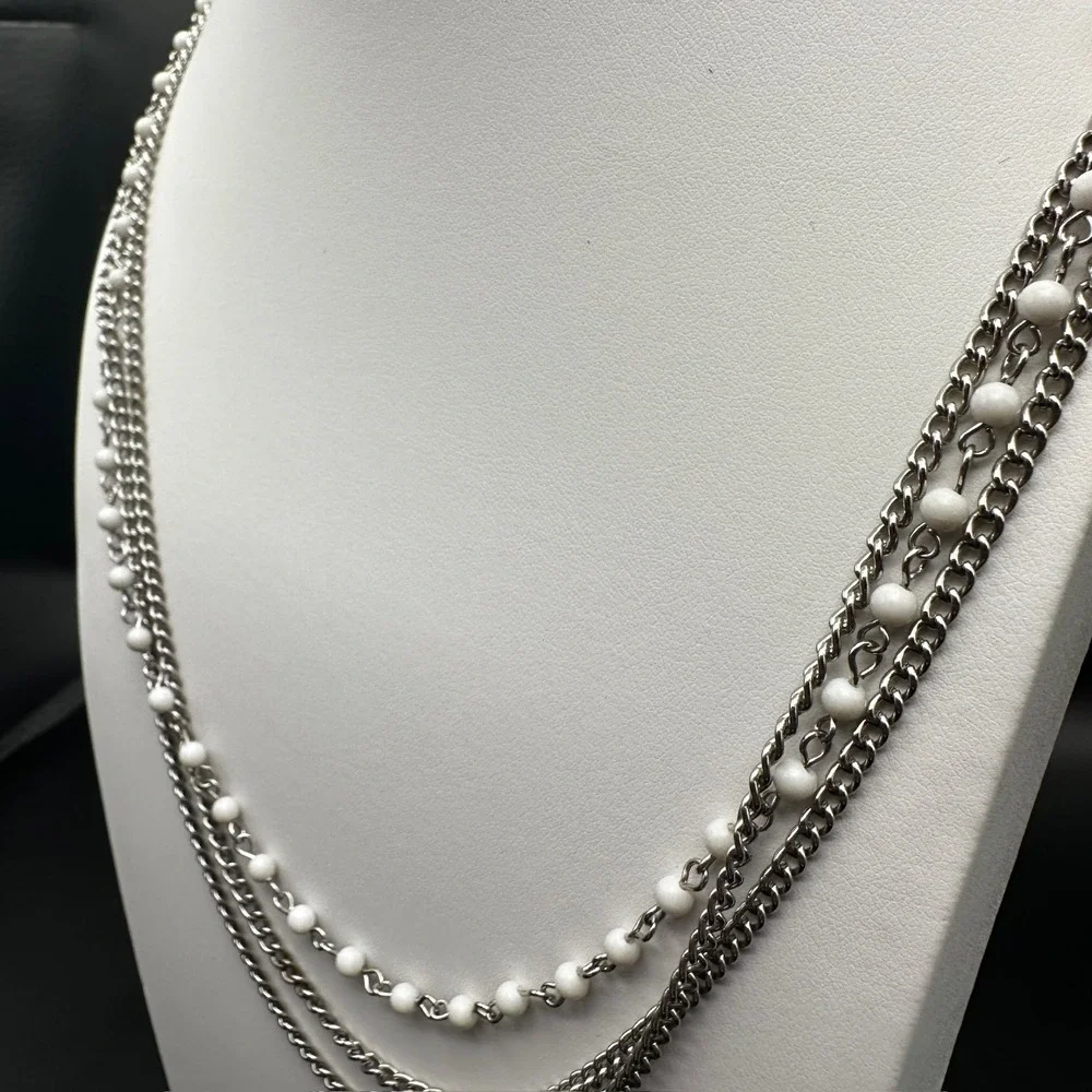Vintage 90s White Bead Multi Strand Silver Tone Chain Necklace Layered Jewelry